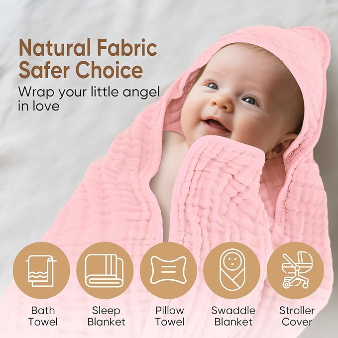 MIGIOL Muslin Hooded Baby Towels 100% Cotton ，Super Soft Muslin Baby Bath Towel - 32 x 32 Inches, Suitable for Newborn and Young Children up to 3 Years Old. (Light Pink & Dark Pink)