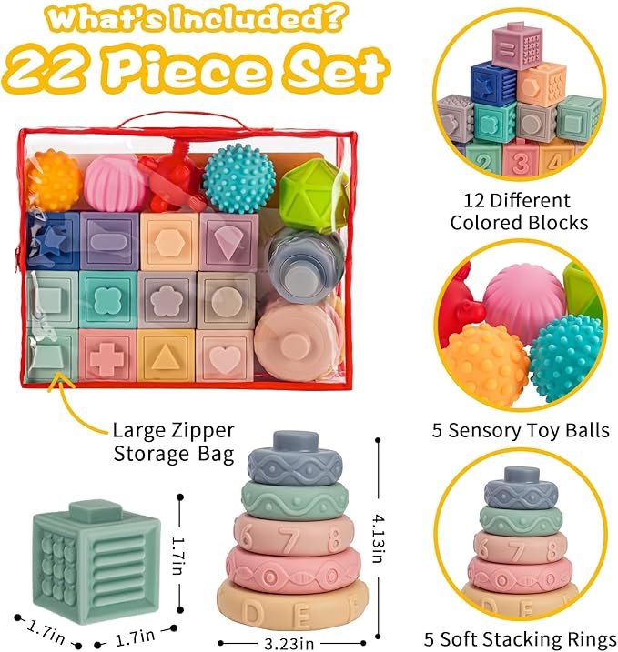 SpringFlower 3 in 1 Montessori Toys for Babies 0-3-6-12 Months, Soft Baby Teething, Stacking Building Blocks for Infants, Sensory Developmental Education Toys for Toddler Baby 12-18 Months,22 PCS