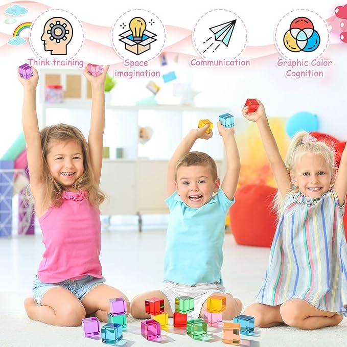 Meooeck 20 Pcs Acrylic Gem Cubes Blocks for Kids Translucent Rainbow Building Blocks Crystal Light Shadow Stacking Toys for School Education Training Learning(2.5 x 2.5 x 2.5 cm)
