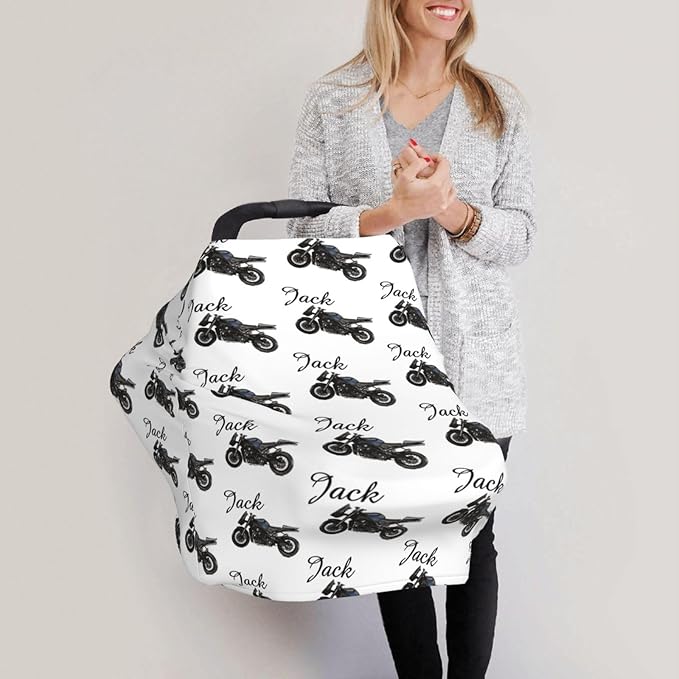 Personalized Baby Car Seat Cover for Boys Girls, Custom Motorcycle Nursing Covers for Breastfeeding with Name, Infant Stroller Cover, Baby Carseat Canopy for Newborn, Multiuse Car Seat Canopies