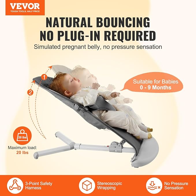 VEVOR Baby Bouncer, Folding Bouncer Seat for Babies 0-9 Months, Portable Baby Bouncer Seat with 2 Reclining Angles, 3-Point Harness & Carrying Bag, Ideal for Indoors Outdoors, Dark Gray