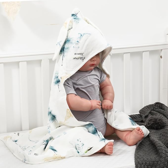 Baby Hooded Towel Set：28"x28" Inch Bamboo Viscose & Cotton Muslin,Ultra Soft Bunny Ear Hood with Cat,Squirrel and Dog Print - Absorbent Bath/Swim Towel for Newborn Toddler (Cat and Dog)