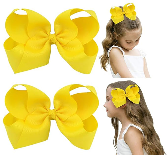 DEEKA 2 PCS 6" Big Hand-made Grosgrain Ribbon Solid Color Hair Bows Alligator Clips Hair Accessories for Little Teen Toddler Girls Kids Set of 2 -Yellow
