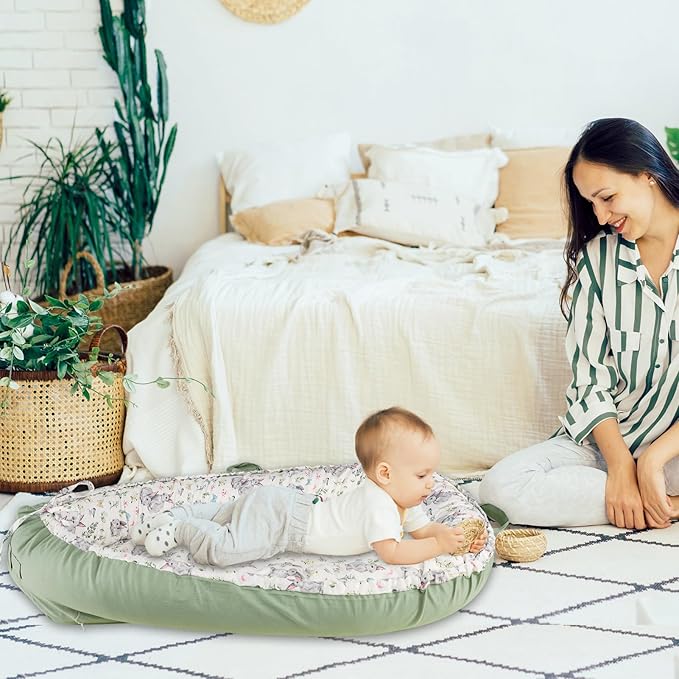 Baby Lounger Cover for Boys Girls, Reversible Baby Nest Cover, Adjustable Baby Lounger Replaceable Cover for Infant Newborn, Portable and Machine Washable, Cotton Green Rabbit Cover