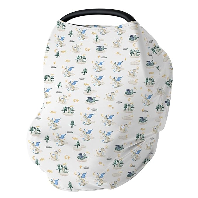 Fantasy Dragon Car Seat Covers for Baby Fairytale Dragons Moon Stars Clouds Trees Stretchy 5-in-1 Cover Adjustable Car Canopy Breastfeeding Cover Myth Animal Breathable Nursing Cover-Up