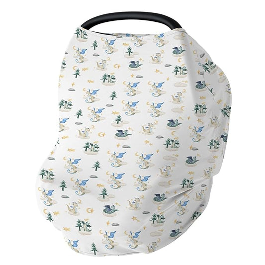 Fantasy Dragon Car Seat Covers for Baby Fairytale Dragons Moon Stars Clouds Trees Stretchy 5-in-1 Cover Adjustable Car Canopy Breastfeeding Cover Myth Animal Breathable Nursing Cover-Up