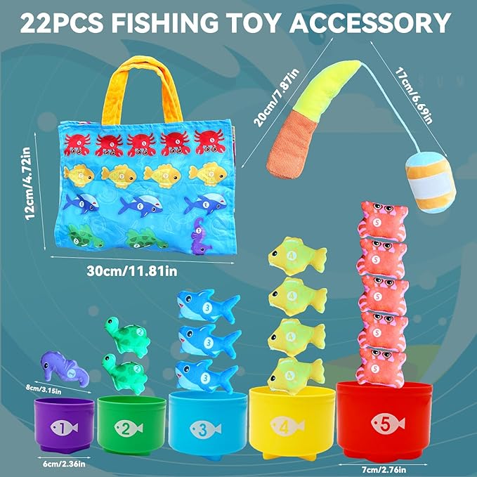 Count Learning Montessori Toys for Toddlers 3 Year Old Cloth Toddler Fishing Game with Stacking Cups,Baby Toy 12-18 Months 1 2 Year Old Boy Girl Gifts (Ocean Animal)