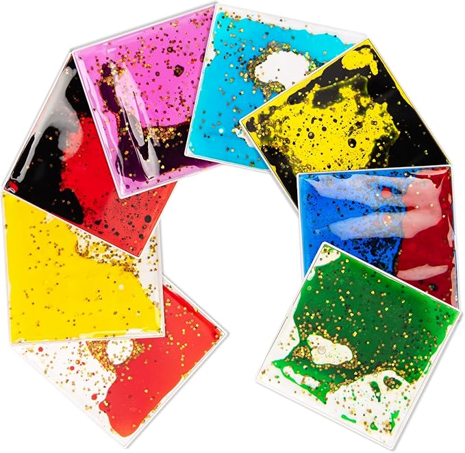 LONGKING 8-Pack 6"x 6" Liquid Tiles for Kids, Soft Gel Liquid Sensory Toys for Autistic Children, Sensory Mats, Sensory Toys for Toddlers 3-4