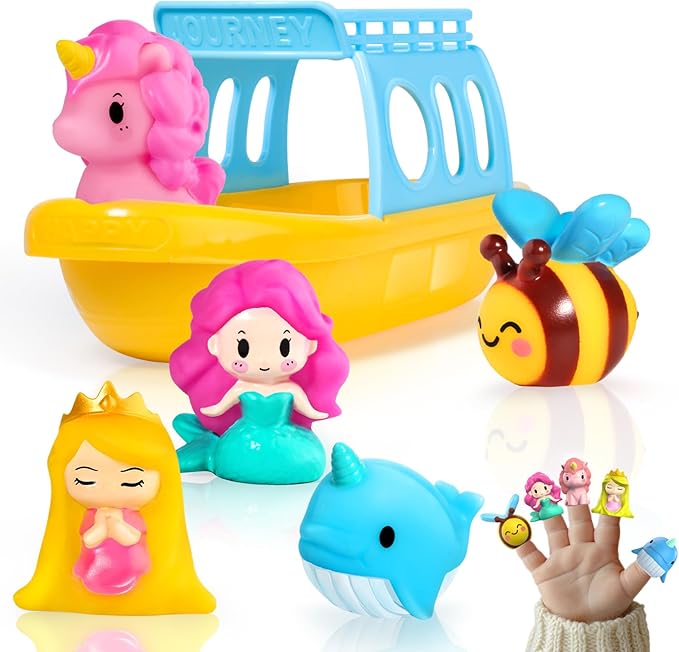 Oriate Mermaid Princess Finger Puppets Bath Toys(5 PCS) for Kids Toddlers 1-3 with Bath Boat, Baby Bathtub Shower Toys, Animal Whale Bee, Floating Water Beach Pool Toys Easter Eggs