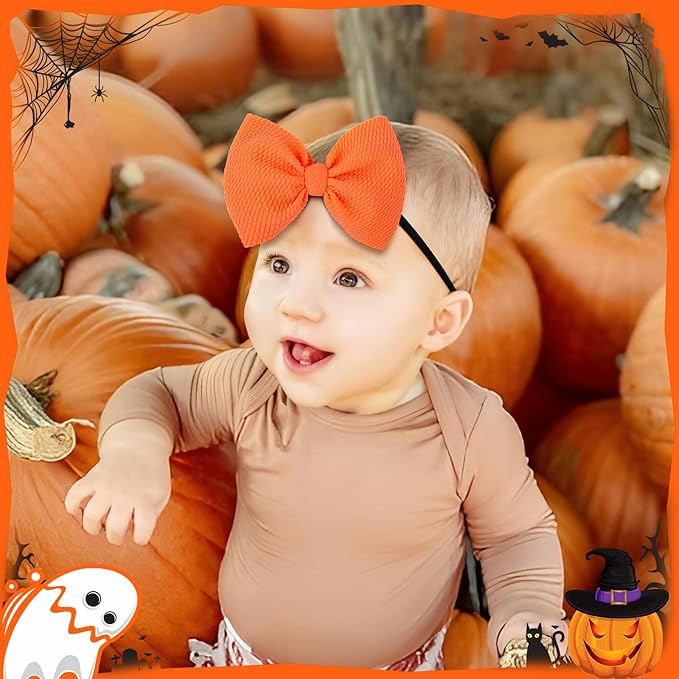 Hairband, 4 Pack Halloween Baby Girl Headbands with Bows for Newborn - Orange, Black, Purple, Green Nylon Hair Accessories, One Size Fits All