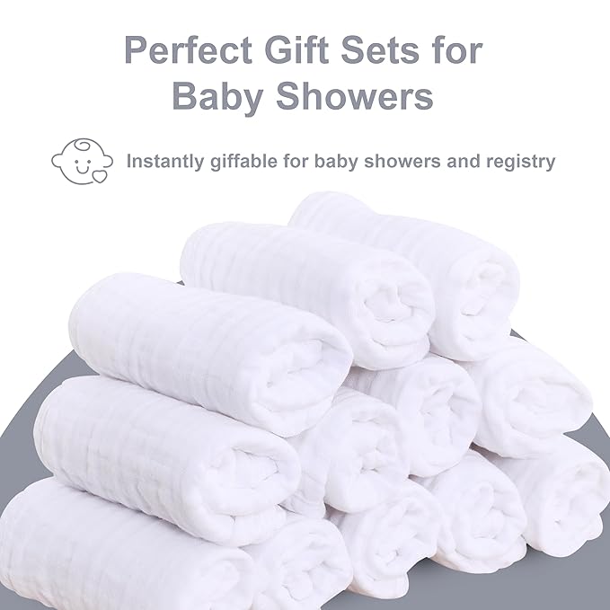 SWEET DOLPHIN 12 Pack Baby Muslin Washcloths - Soft Face Cloths for Newborn, Absorbent Bath Wash Cloths, Wipes, Burp Rag - Toddlers Essentials Stuff, Baby Registry as Shower -10"x10", White