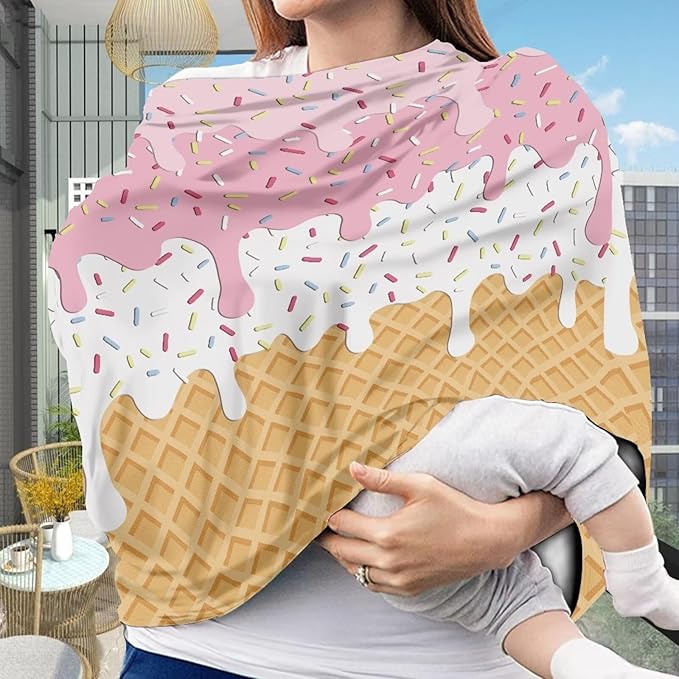 AFPANQZ Ice Cream Nursing Cover Breastfeeding Scarf Baby Car Seat Covers Infant Stroller Cover Carseat Canopy for Girls and Boys Lightweight Breathable Outdoor Walking Traveling