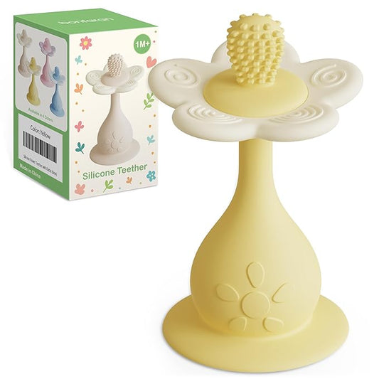 Baby Flower Teether Rattle Toy, Sensory Toy for Baby 0-24 Months, Teething Relief Chewing Toy for Infant, BPA Free Food Grade Silicone Teether (Yellow)