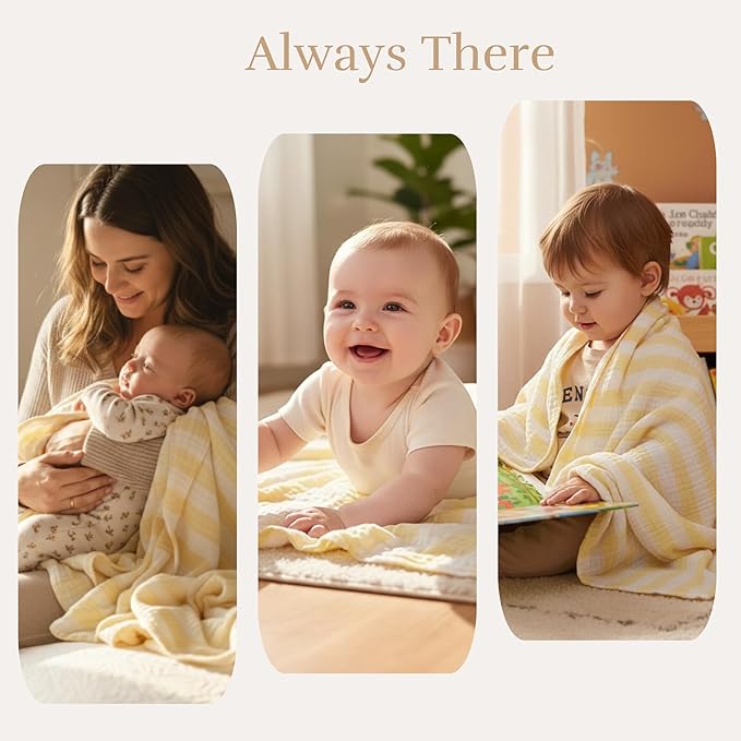 Muslin Baby Bath Towel Set - 100% Organic Cotton 5-Piece Set (2 Large Towels & 3 Washcloths), 6 Layer Super Soft Absorbent Gauze for Newborns (Yellow Stripe)