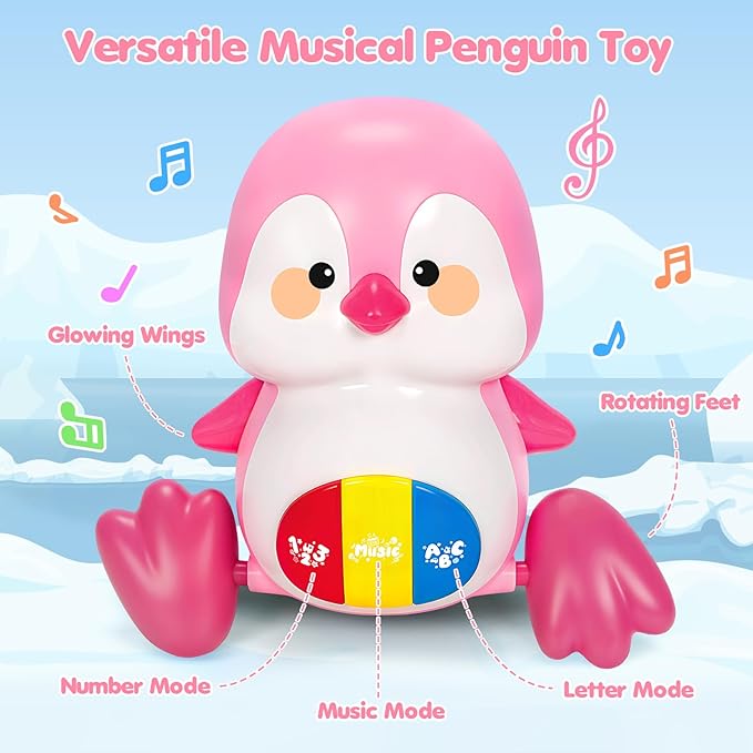 Baby Toys 6-12 Months, Musical Penguins Crawling Infant Toys, Early Learning Toy for Tummy Time with Light & Sound, Birthday Gifts for Babies Newborn Boys Girls 6 7 8 9 10 11 Months 1 Year Old - Pink
