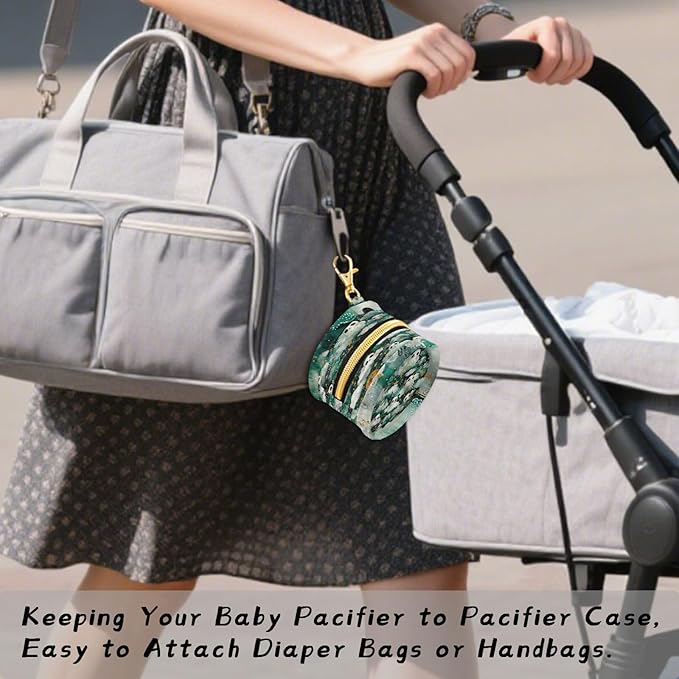 Pacifier Holder with Clip Pacifier Case for Diaper Bag Round Baby Pacifier Pouch Box Bag Portable Green Clouds Pandas Stars Sun