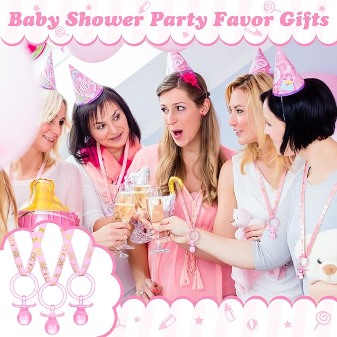 Geiserailie 36 Pcs Baby Shower Pacifiers Necklace Acrylic Pacifiers Necklace Charm Party Favors for Girls Boys Baby Shower Party Decorations Table Scatter(Pink)