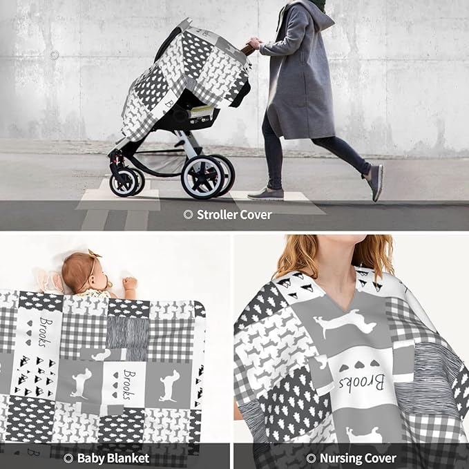 Personalized Cute Dog Plaid Baby Infant Car Seats Canopy for Babies with Name, Custom Multi-use Blankets for Baby Boys Girls, Peekaboo Minky Nursing Breastfeeding Stroller Cover Canopies for Newborn