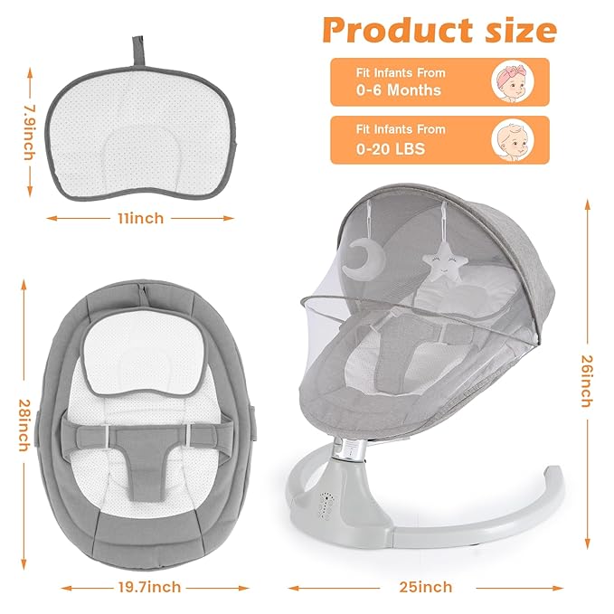 Baby Swing for Newborns 0-6 Months, Electric Infant Swing with Bluetooth & Remote Control, 5-Speed Portable Rocker with 12 Soothing Lullabies, 3-Point Widened Harness, ASTM Certified