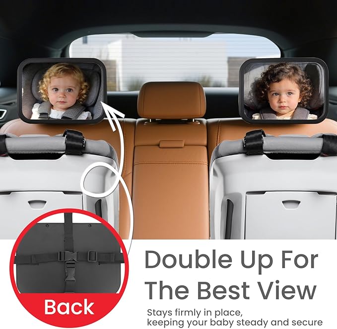 Baby Car Mirror for Rear Facing Infant with Wide Crystal Clear View, Shatterproof, Adjustable, Safety and Stable, Crash Tested and Certified 2Pcs (Black)