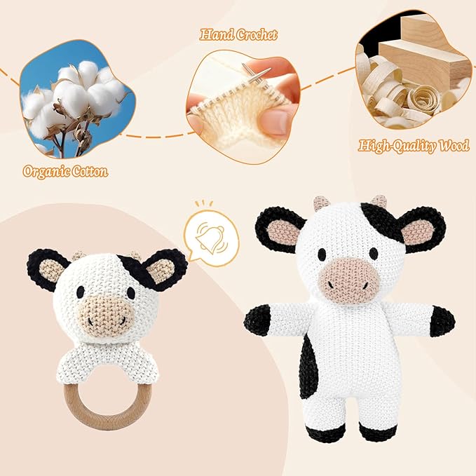 10" Handmade Crochet Cow Stuffed Animal, Baby-Safe Cotton Plush with Rattle, Hypoallergenic Toy for Newborns 0-12 Months, Ideal Baby Shower & 1st Birthday Gift