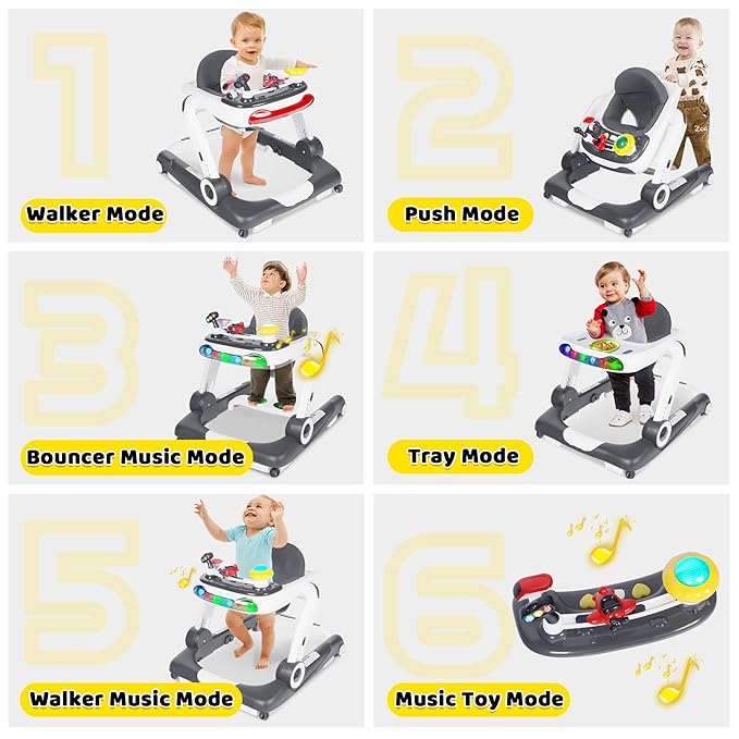 TODEFULL 6 in 1 Baby Walker, Baby Activity Walker for Toddler, Push Walker w/Adjustable Height Speed, Learning-Seated & Walk-Behind, Infant Walker w/Feeding Tray & Music Toys, Grey