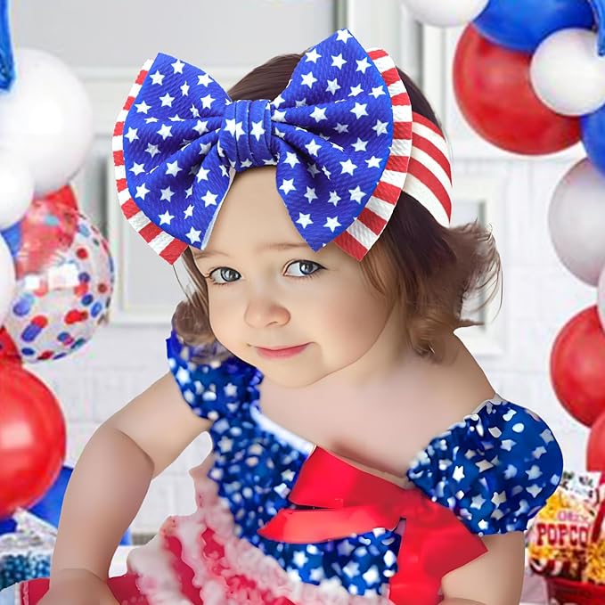 4th of July Headbands for Baby Girl 7'' Independence Day Hair Bow for Newborn Infant Toddler Kids American Flag Headwarp Accessories