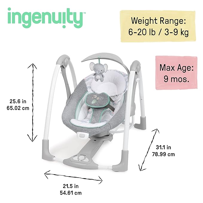 Ingenuity ConvertMe 2-in-1 Compact Portable Automatic Baby Swing & Infant Seat, Battery-Saving Vibrations, Nature Sounds, 0-9 Months 6-20 lbs (Swell)
