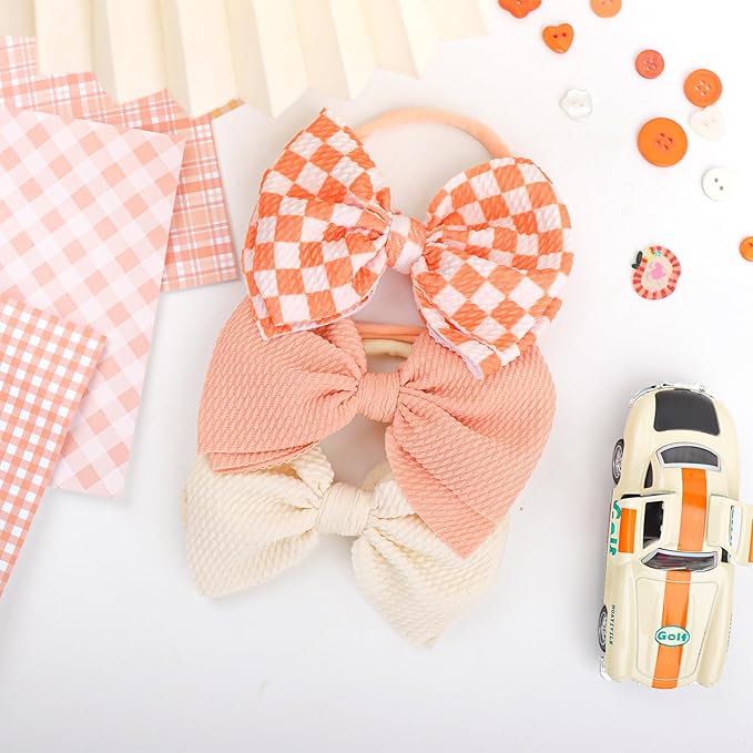 YanJie 3PCS 4.5’’ Checkered Bows for Baby Girls Headbands Orange Headband Beige Hair Accessories for Girls Newborn Girl Clothes Baby Girl Outfits