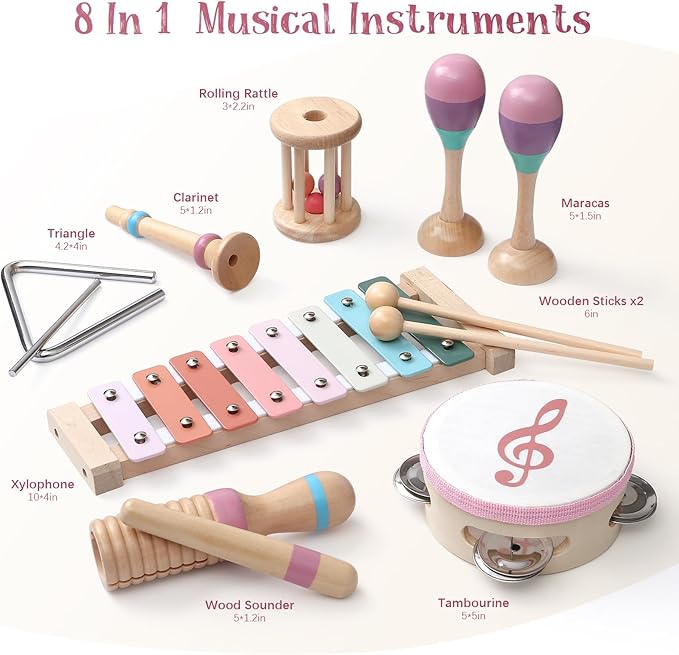 Toyssa Baby Musical Instruments, Montessori Wooden Musical Toys for Toddlers 2-3 with Xylophone Maracas Tambourine and Gift Box Kids Preschool Educational Birthday Gifts for 2 3 4 5 Year Old