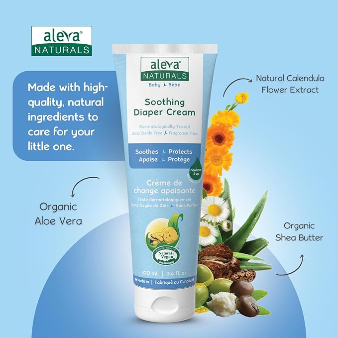 Aleva Naturals Soothing Baby Diaper Cream for Newborn and Toddlers, Fragrance-Free, Organic Shea Butter, Aloe Vera, Calendula Extracts and Sensitive Skin Friendly - 3.4 Fl Oz