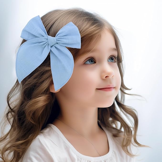 YUESE Linen Bow Hair Clip for Girls & Women – Soft Cotton Linen Fabric, Handmade Large Bow Barrette, Lightweight Hair Accessory for Daily Wear, School, Party & Gift (Blue)