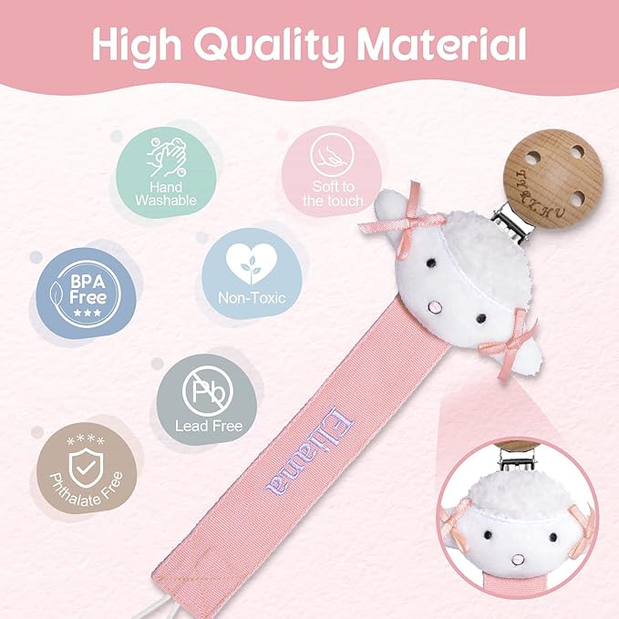 TYRY.HU Personalized Pacifier Clip with Name for Girls, Customize Pacifier Leash, Embroidery Soft Ribbon Pacifier Holder Clips, Universally Fit All Pacifiers & Toys, White Sheep