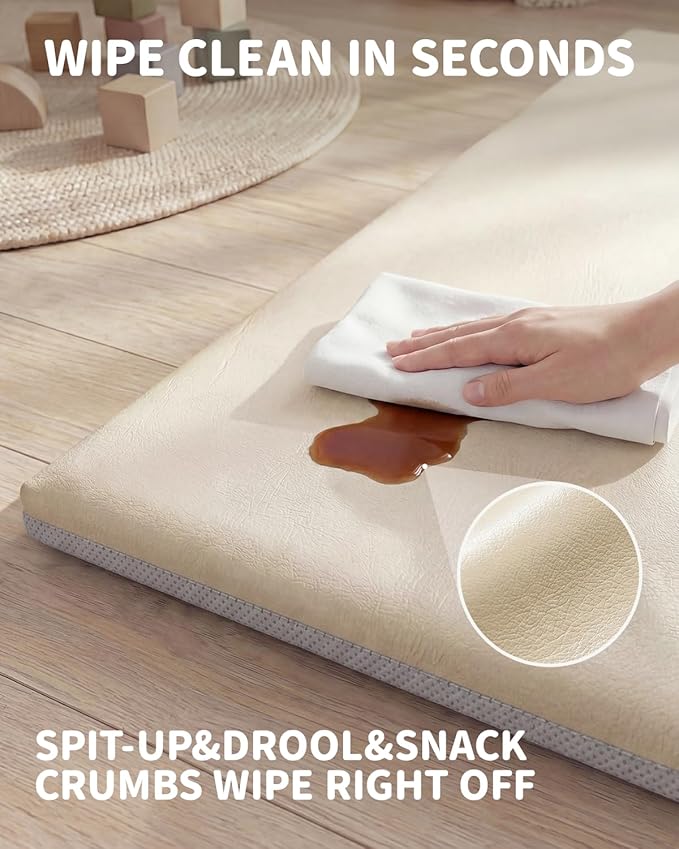 Joypony Baby Play Mat for Floor 47x47, 1.5” Thick Vegan Leather Crawling Mat with Removable Cover, Waterproof Playpen Mat for Infants and Toddlers, Wipe-Clean Kids Playmat, Cream