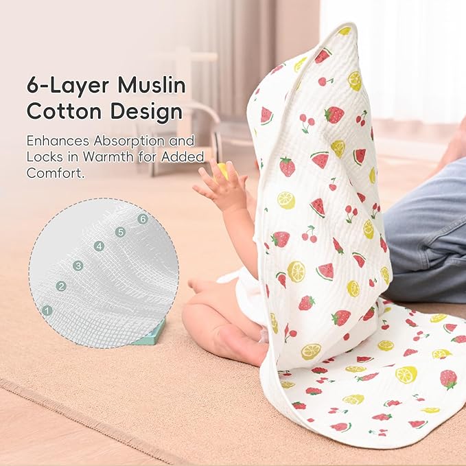 PHF 100% Muslin Cotton Baby Hooded Towels, 2 Pack Bath Towel with Hood for Newborn, Infant, Toddler, Ultra Soft and Absorbent Baby Bath Essentials, Shower Gifts for Girls, 32x32Inch, Fruits