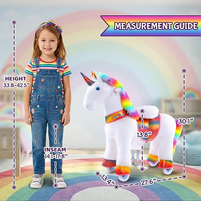 WondeRides Ride on Unicorn Horse Rainbow Pony Cycle Toy, 30.1 Inch Height Riding Pony Unicorn Toy Plush Rocking Mechanical Walking Animal with Wheels No Battery Size 3 for Kids 3-4 Years M332