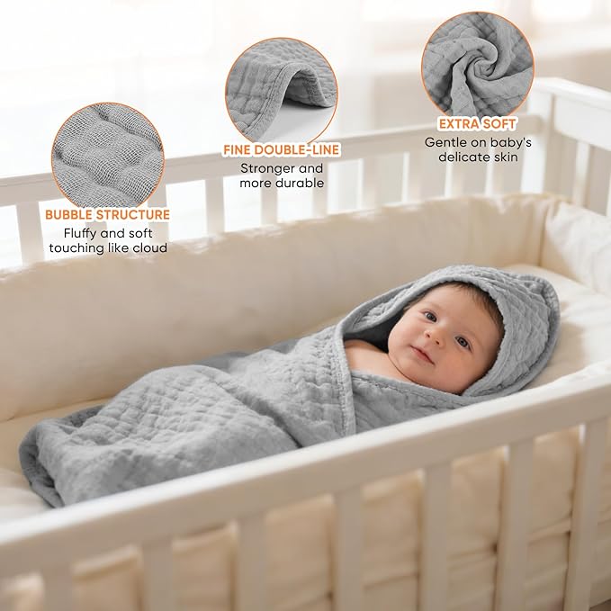MIGIOL Muslin Hooded Baby Towels 100% Cotton ，Super Soft Muslin Baby Bath Towel - 32 x 32 Inches, Suitable for Newborn and Young Children up to 3 Years Old. (Grey & Green)
