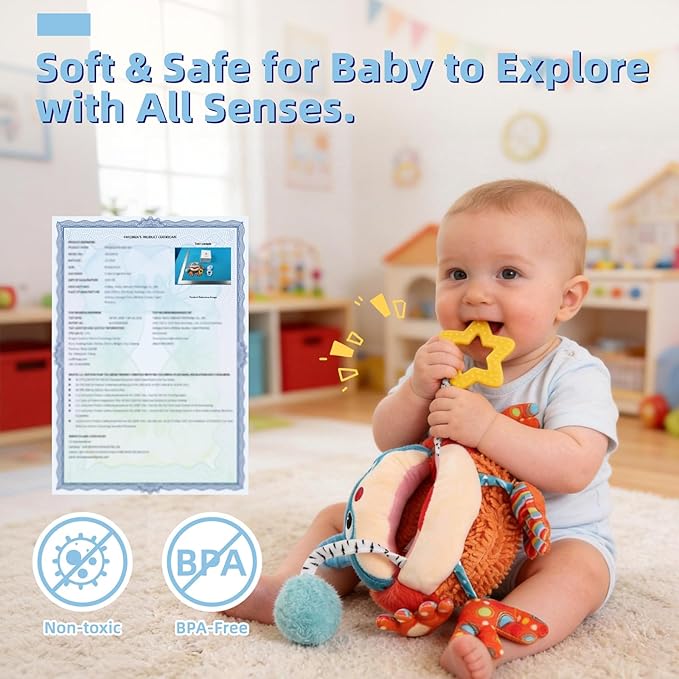 Car Seat Toys Hanging Baby Sensory Ball, Infant Roadtrip Travel Toys 0-6-12 Months with Rattle, Squeaky, Crinkle,Teether, Textures, Soft Montessori Plush Toys Newborn Gift Boys Girls