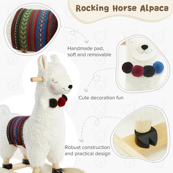labebe - Baby Rocking Horse Wooden, Plush Stuffed Rocking Animals White, Kid Ride on Toys for 1-3 Years Old, Llama Rocking Horse for Girl&Boy, Toddler/Infant Rocker for Nursery, Kid Riding Toys/Horse