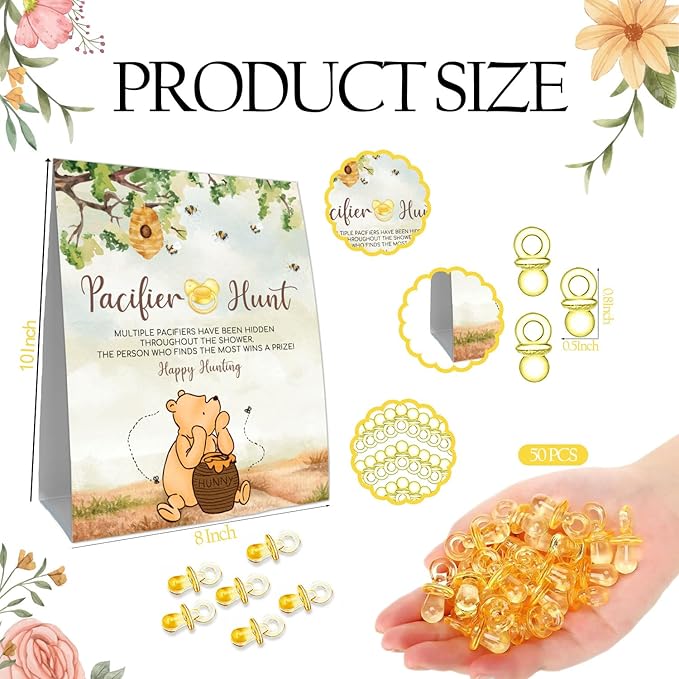 Winnie Mini Pacifiers Baby Shower Game, Pacifiers Hunt Sign, Classic Pooh Baby Shower Game Set, 50Pcs Yellow Mini Pacifiers Decor for Baby Shower, Baby Shower Game Supplies