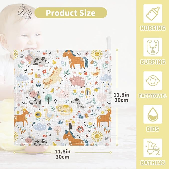 Cute Farm Animals Baby Muslin Washcloths - Soft Face Towel for Newborns, 11.8 X 11.8 Inch, 3 Pack