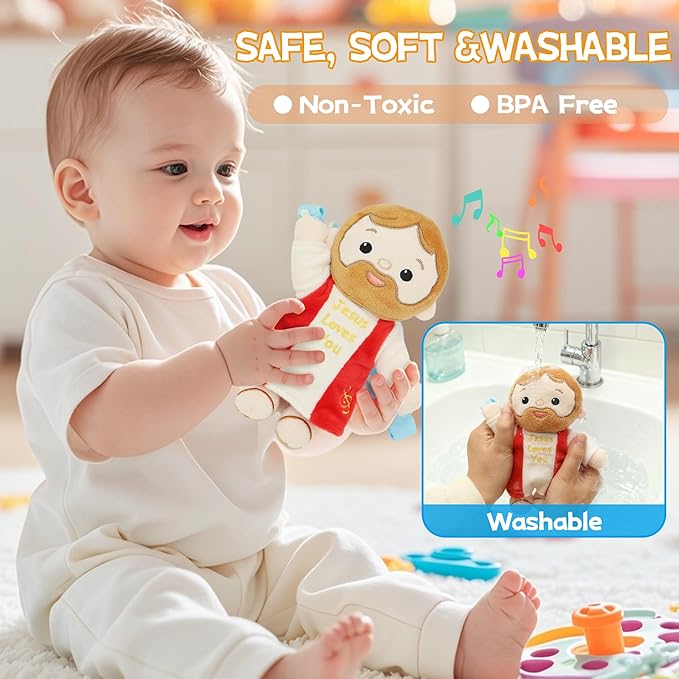 Yelakey Baby Jesus Musical Hanging Plush Toy with Lullaby Music Box Sensory Crib Toy for Newborn Baptism First Birthday Gift