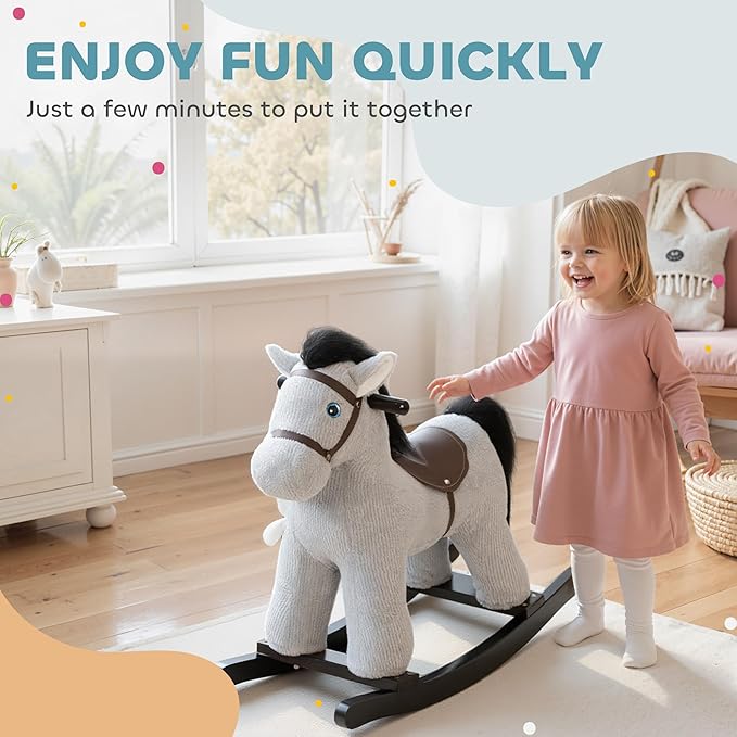 Qaba Rocking Horse, Kids Plush Animal Rocker with Realistic Neighing Sound for Toddlers 2–5 Years Old, Soft Filling Ride on Horse with Rabbit Toy, Gray