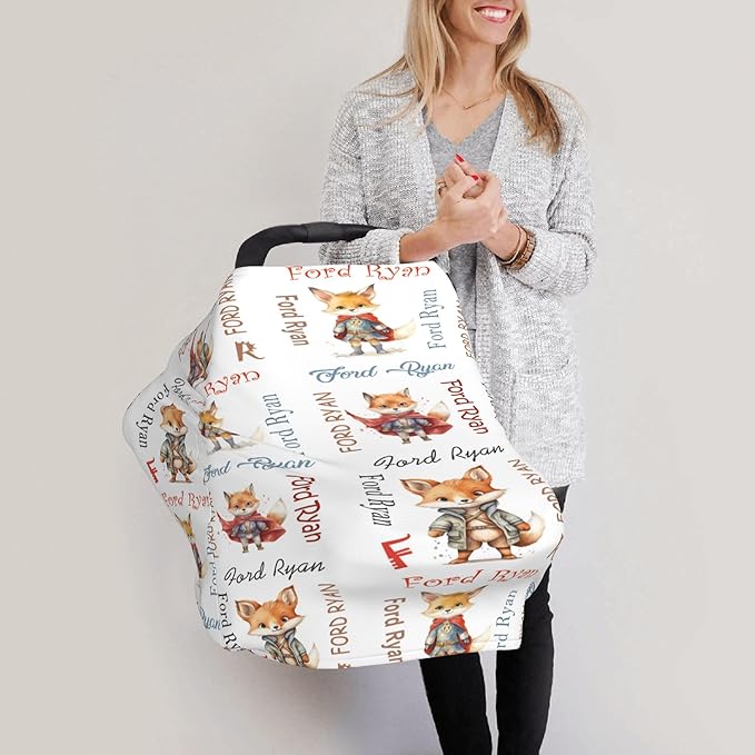 Personalized Baby Car Seat Covers for Babies, Custom Fox Nursing Breastfeeding Carseat Canopy with Name, Infant Stroller Covers for Newborn Girls Boys, Breathable Carseat Cover