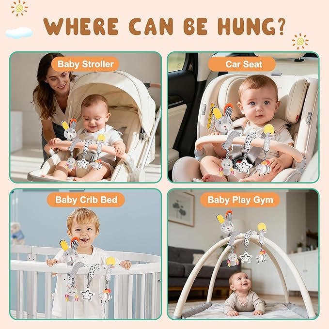 Baby Spiral Activity Toy, Stroller & Car Seat Hanging Toy for 0-12 Months, High Contrast Newborn Sensory Toy with Rattle & Crinkle Paper, Infant Travel Plush Toy for Crib Bassinet