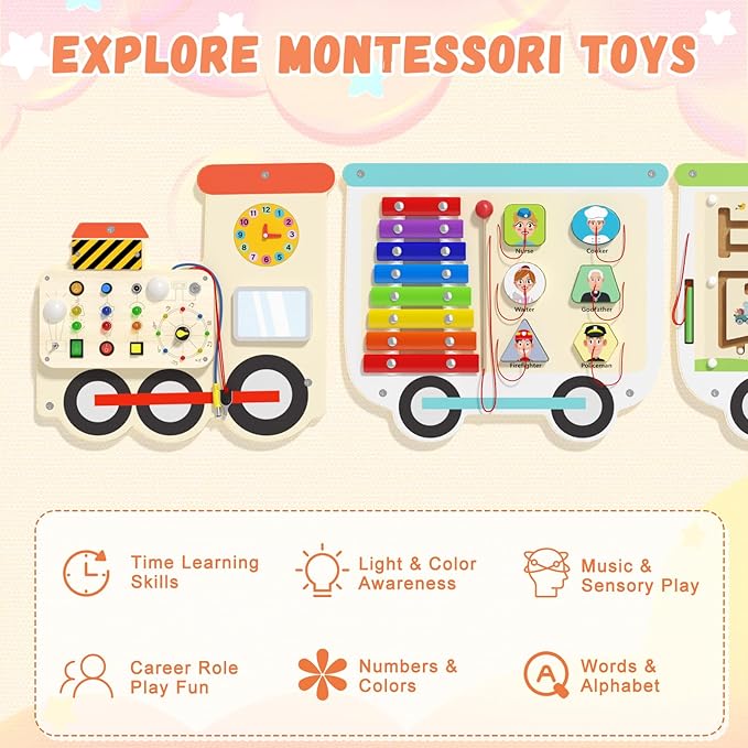 Spacocld Montessori Sensory Board - Electric Train Wooden Wall Busy Board, Toddler Learning Panel Wall-Mounted, Educational Toys for 3-6 Years, Interactive Playroom Activity Gifts for Kid