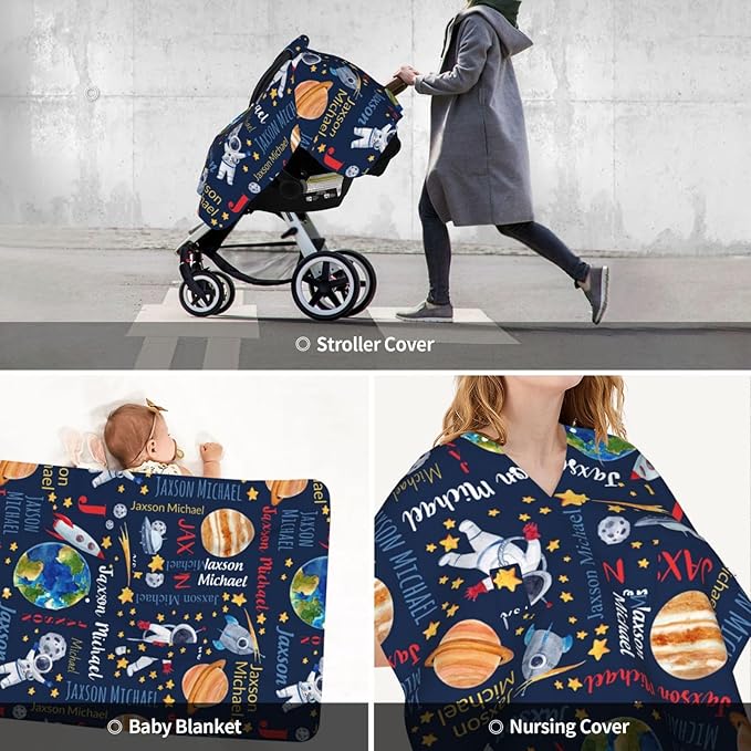 Personalized Baby Car Seat Canopy for Babies with Name, Custom Space Stroller Car Seat Covers for Boys Girls, Minky Nursing Carseat Cover for Breastfeeding, Car Seat Canopies for Infant Newborn