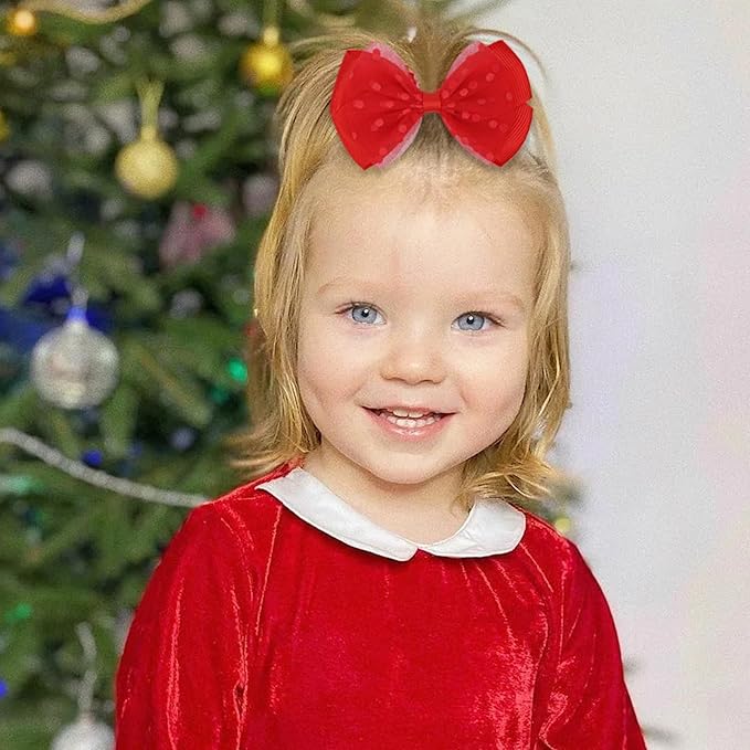 Tiny 3 Inch Dot Organza Double Hair Bow Clips - Cute Lined Boutique Alligator Hairpin for Girls, Toddlers, and Little Teens - Kids Barrettes Set of 2 Small Stylish (Red)
