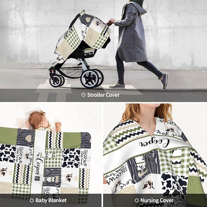 Personalized Baby Car Seat Canopy for Babies, Custom Name Car Seat Covers for Boys and Girls, Opening Minky Nursing Breastfeeding Cover for Infant, Carseat Canopies for Newborn (Farm Cow)