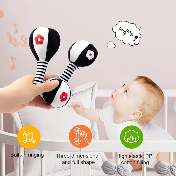 Soft Baby Rattles 0-6 Months - 2 Pack Infant Developmental Toys with Black & White Contrast | Sensory Newborn Toys for Girls & Boys | Set (BPA Free)